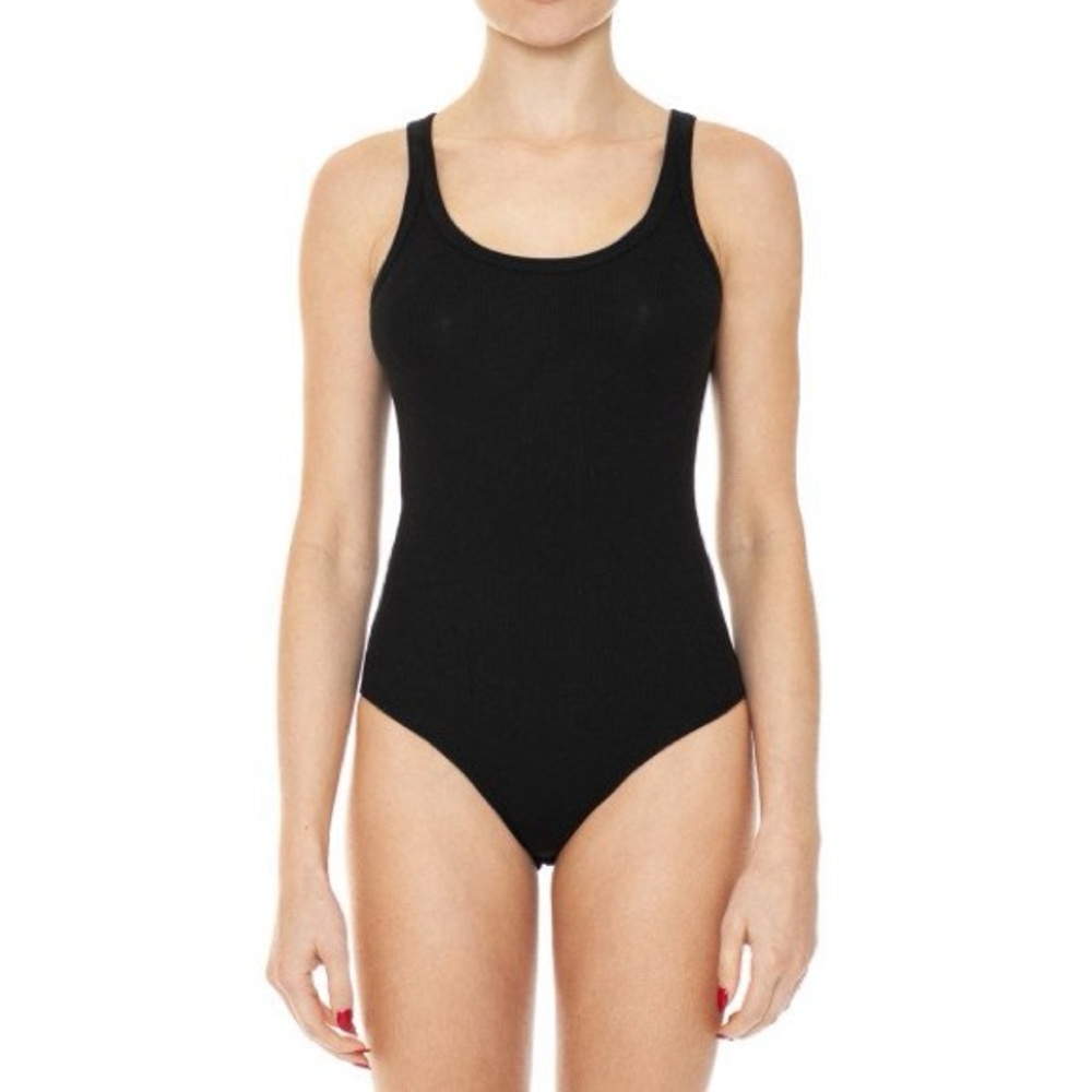 (75275-BLK) RIBBED DEEP SCOOP NECK TANK BODYSUIT TOP TEE